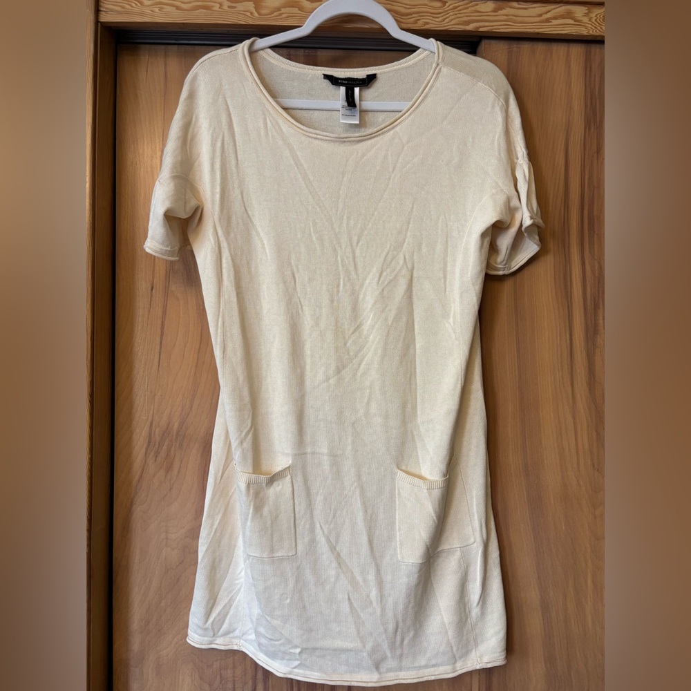 Cream Women's Top, NEW BCBG OFF WHITE SILK COTTON KNIT RIBBED TUNIC TOP, pockets